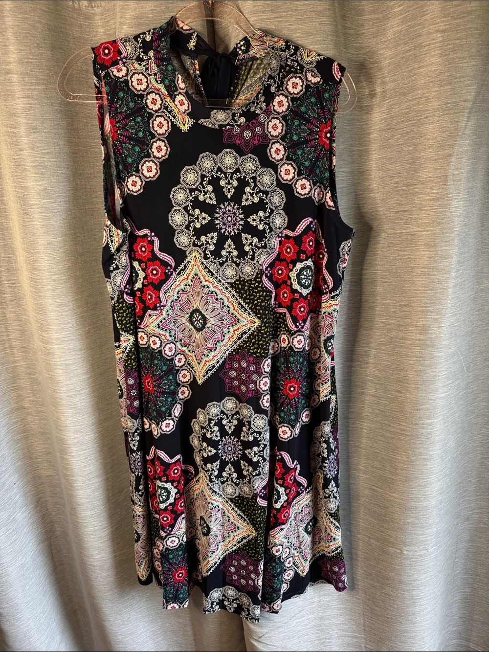 Robbie Bee Black Midi Dress with Red, Pink, Green & Cream Medallion Print